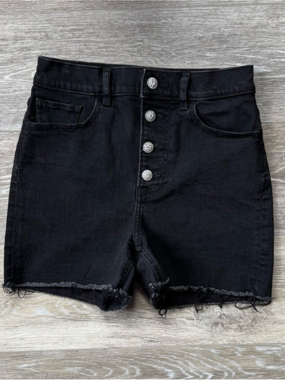 Express Black High-Rise, Bling Button-Fly, Black Denim Shorts